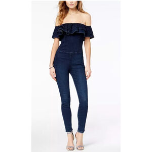 Guess Blue Denim Off-the-Shoulder Ruffle Jumpsuit XS